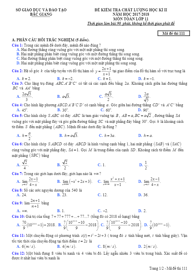 Đề thi học kì 2 (HK2) lớp 11 môn Toán năm học 2017 2018 sở GD và ĐT Bắc Giang