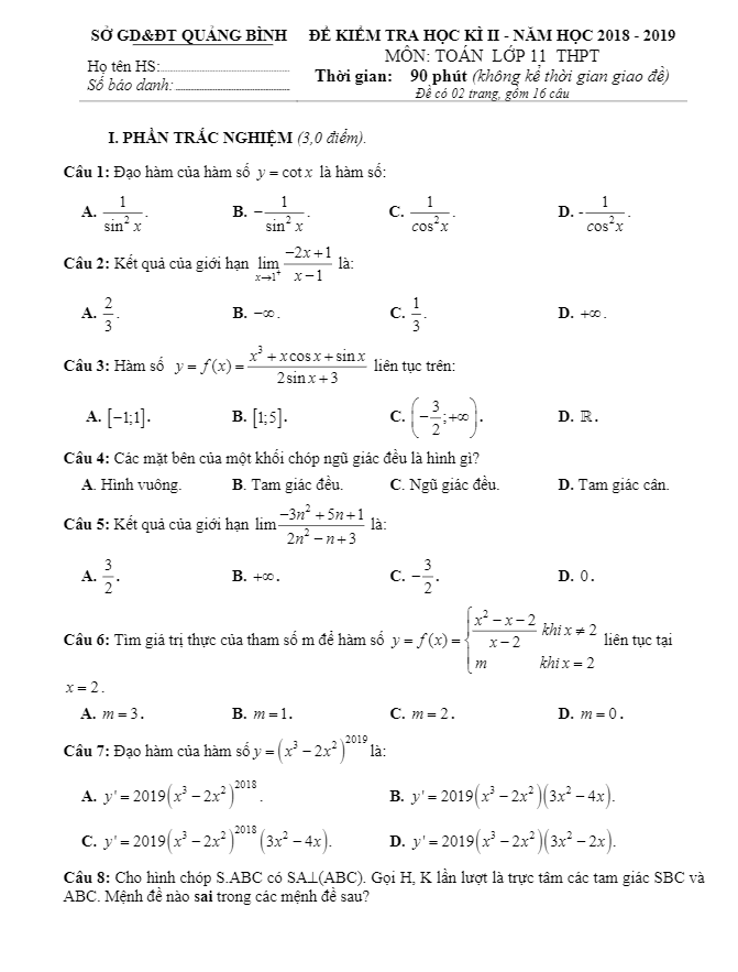 Đề thi học kì 2 (HK2) lớp 11 môn Toán năm học 2018 – 2019 sở GD ĐT Quảng Bình