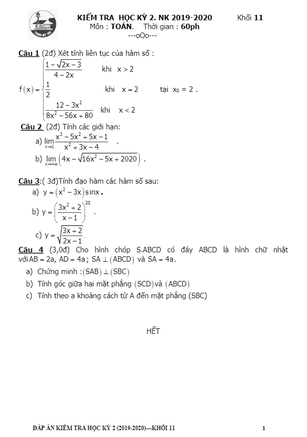 Đề thi học kì 2 (HK2) lớp 11 môn Toán năm học 2019 2020 trường THPT Gia Định TP HCM