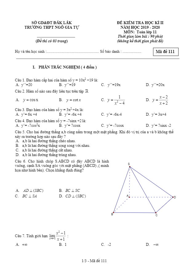 Đề thi học kì 2 (HK2) lớp 11 môn Toán năm học 2019 2020 trường THPT Ngô Gia Tự Đắk Lắk