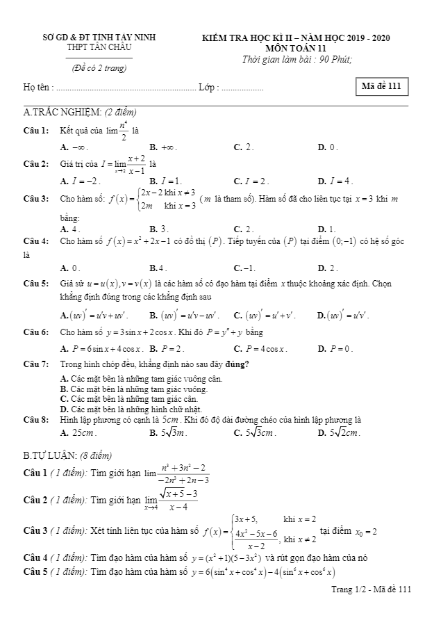 Đề thi học kì 2 (HK2) lớp 11 môn Toán năm học 2019 2020 trường THPT Tân Châu Tây Ninh