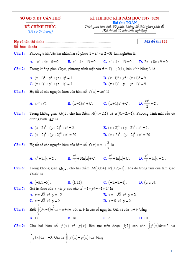 Đề thi học kì 2 (HK2) lớp 12 môn Toán GDTHPT năm học 2019 2020 sở GD ĐT Cần Thơ