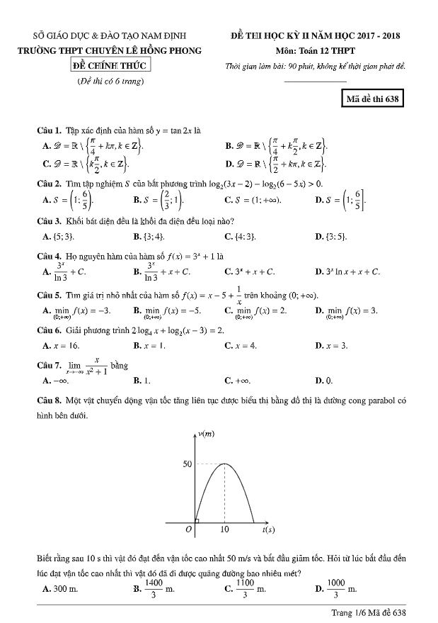 Đề thi học kì 2 (HK2) lớp 12 môn Toán năm 2017 2018 trường chuyên Lê Hồng Phong Nam Định