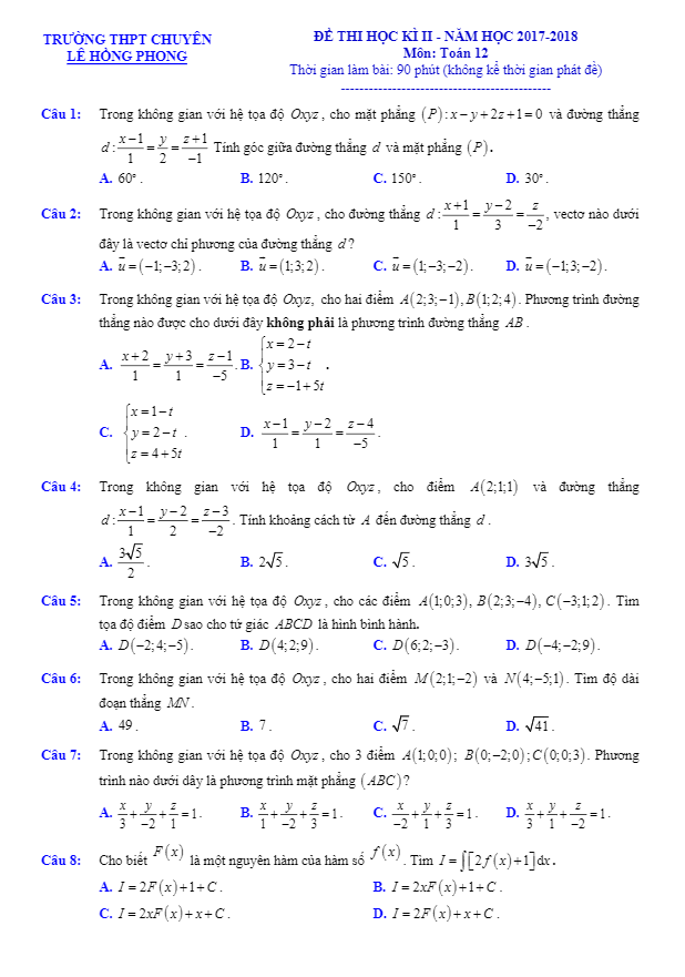 Đề thi học kì 2 (HK2) lớp 12 môn Toán năm 2017 2018 trường chuyên Lê Hồng Phong TP. HCM