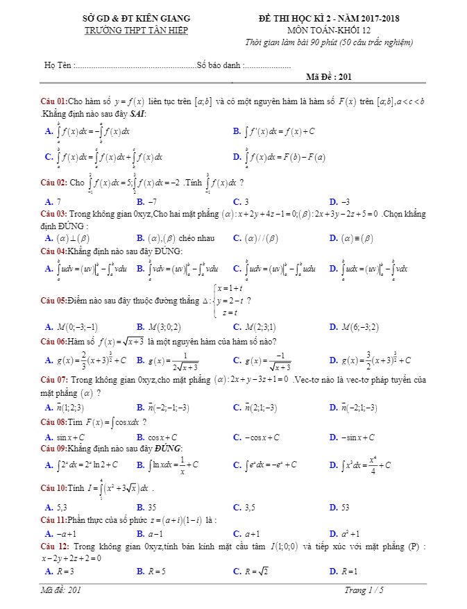 Đề thi học kì 2 (HK2) lớp 12 môn Toán năm 2017 2018 trường Tân Hiệp Kiên Giang