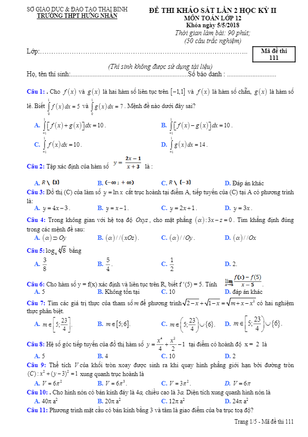Đề thi học kì 2 (HK2) lớp 12 môn Toán năm 2017 2018 trường THPT Hưng Nhân Thái Bình