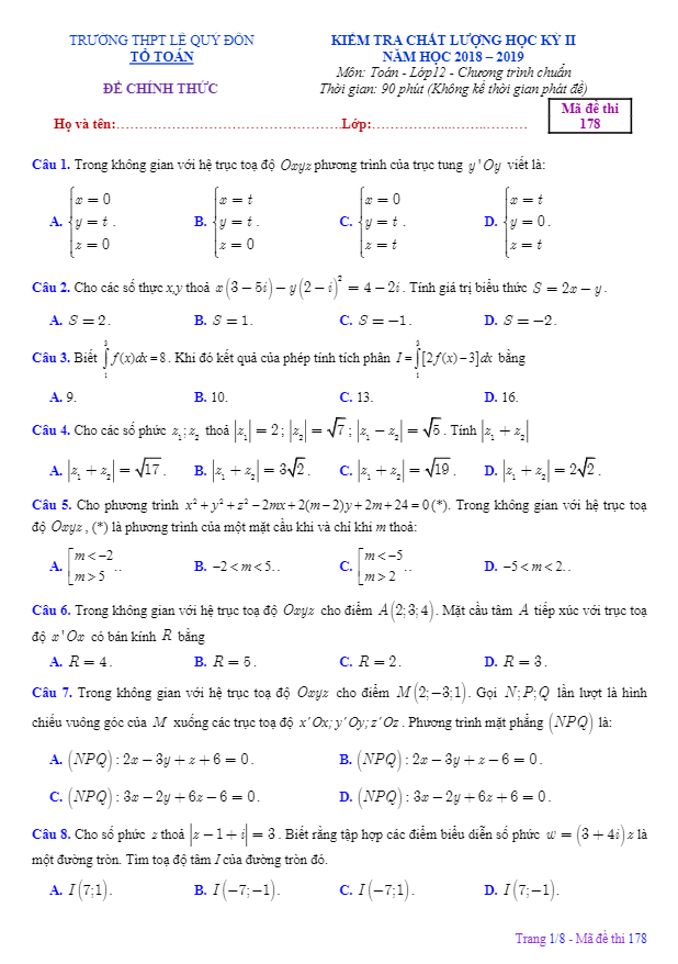 Đề thi học kì 2 (HK2) lớp 12 môn Toán năm 2018 2019 trường chuyên Lê Quý Đôn Khánh Hòa