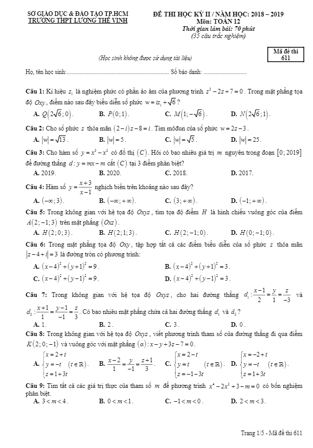 Đề thi học kì 2 (HK2) lớp 12 môn Toán năm 2018 2019 trường Lương Thế Vinh TP HCM