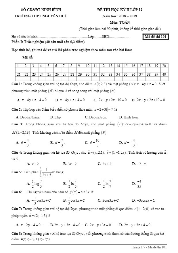 Đề thi học kì 2 (HK2) lớp 12 môn Toán năm 2018 2019 trường Nguyễn Huệ Ninh Bình