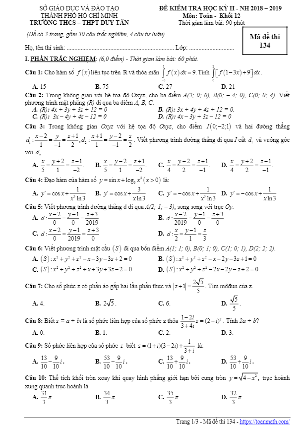 Đề thi học kì 2 (HK2) lớp 12 môn Toán năm 2018 2019 trường THCS THPT Duy Tân TP HCM