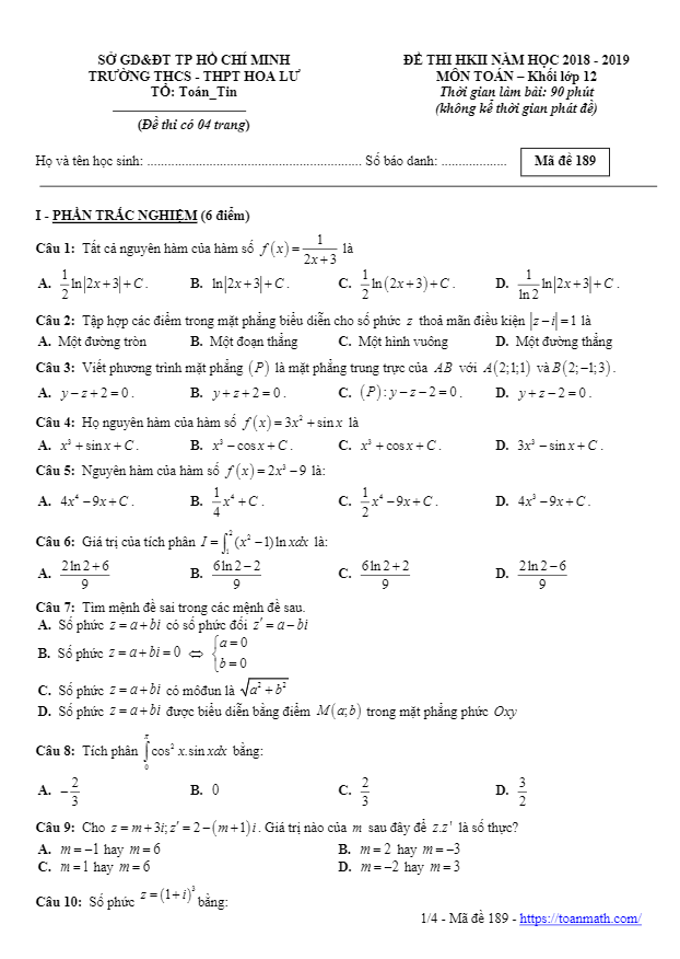 Đề thi học kì 2 (HK2) lớp 12 môn Toán năm 2018 2019 trường THCS THPT Hoa Lư TP HCM