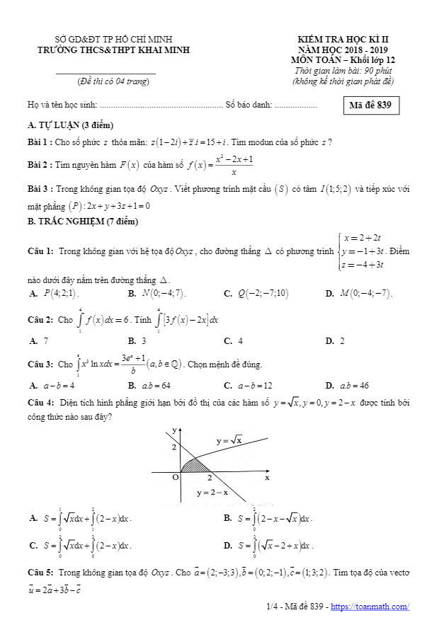 Đề thi học kì 2 (HK2) lớp 12 môn Toán năm 2018 2019 trường THCS THPT Khai Minh TP HCM