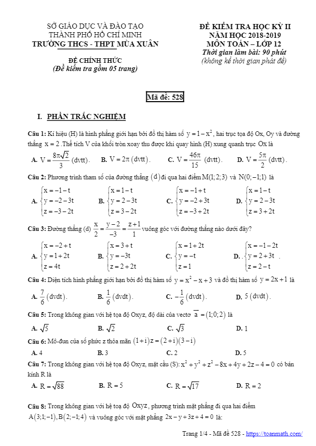 Đề thi học kì 2 (HK2) lớp 12 môn Toán năm 2018 2019 trường THCS THPT Mùa Xuân TP HCM