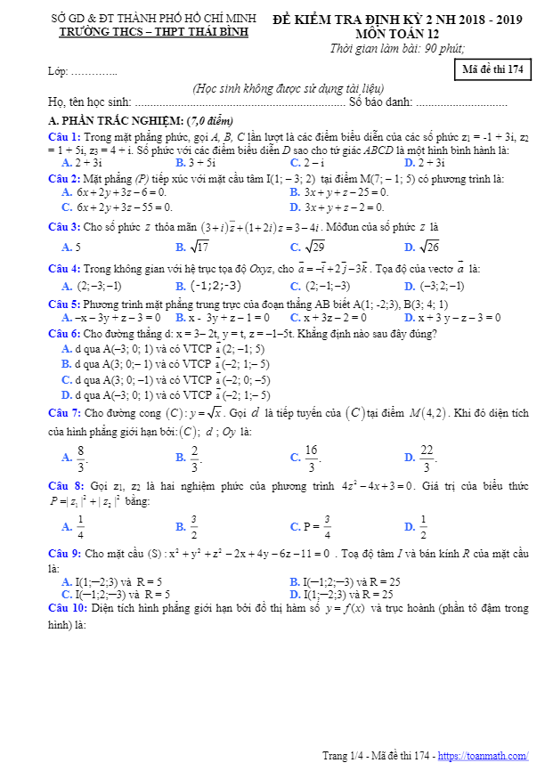 Đề thi học kì 2 (HK2) lớp 12 môn Toán năm 2018 2019 trường THCS THPT Thái Bình TP HCM
