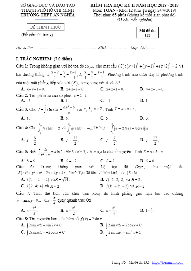 Đề thi học kì 2 (HK2) lớp 12 môn Toán năm 2018 2019 trường THPT An Nghĩa TP HCM