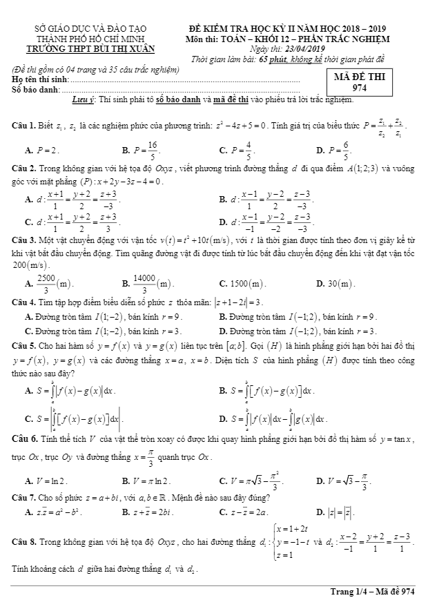 Đề thi học kì 2 (HK2) lớp 12 môn Toán năm 2018 2019 trường THPT Bùi Thị Xuân TP HCM