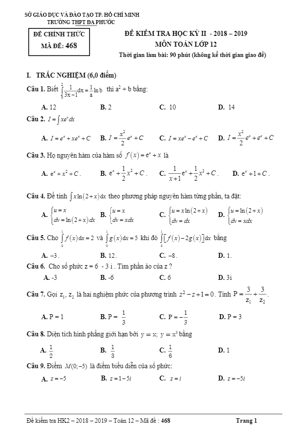 Đề thi học kì 2 (HK2) lớp 12 môn Toán năm 2018 2019 trường THPT Đa Phước TP HCM