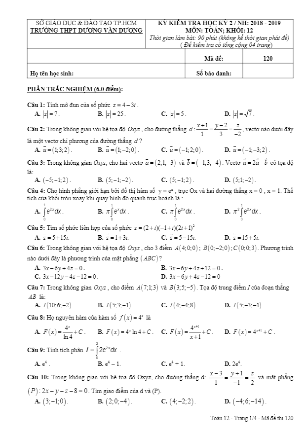 Đề thi học kì 2 (HK2) lớp 12 môn Toán năm 2018 2019 trường THPT Dương Văn Dương TP HCM