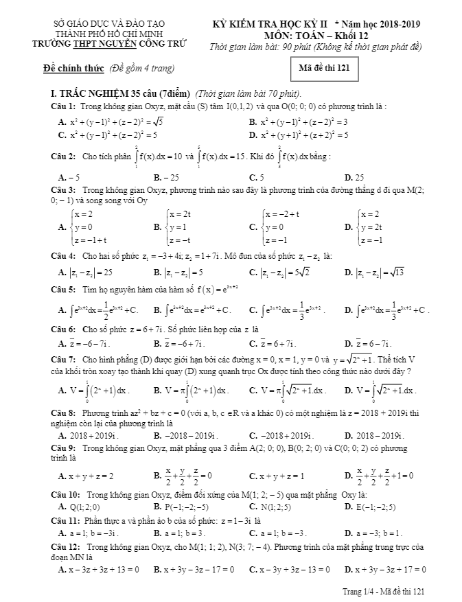 Đề thi học kì 2 (HK2) lớp 12 môn Toán năm 2018 2019 trường THPT Nguyễn Công Trứ TP HCM