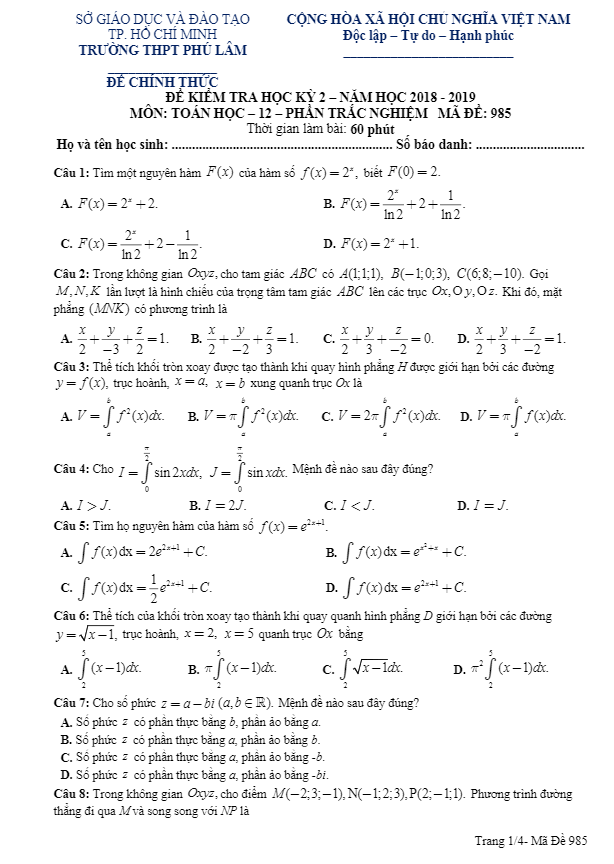 Đề thi học kì 2 (HK2) lớp 12 môn Toán năm 2018 2019 trường THPT Phú Lâm TP HCM