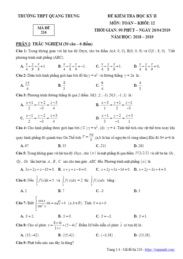 Đề thi học kì 2 (HK2) lớp 12 môn Toán năm 2018 2019 trường THPT Quang Trung TP HCM