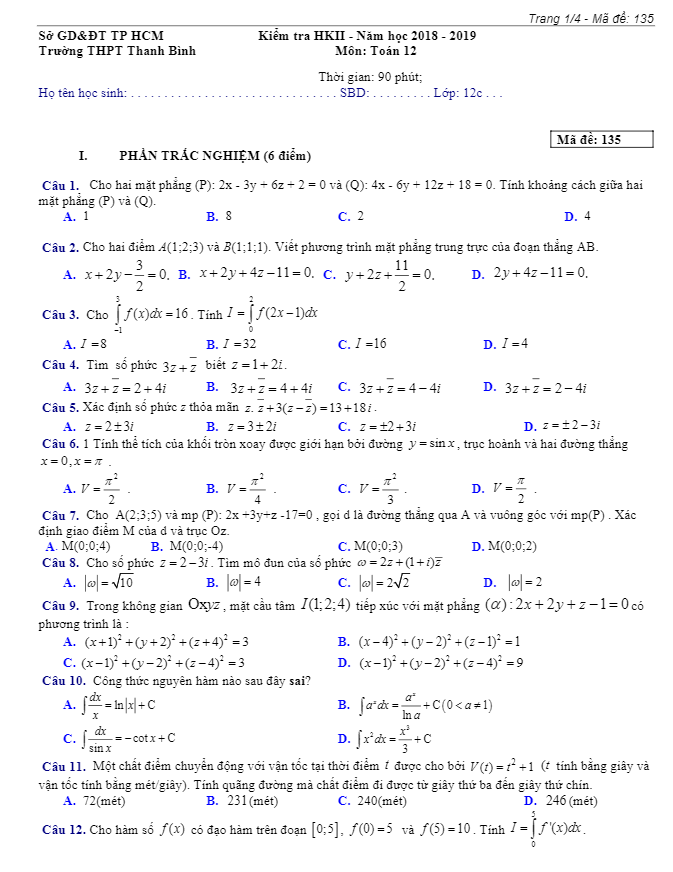 Đề thi học kì 2 (HK2) lớp 12 môn Toán năm 2018 2019 trường THPT Thanh Bình TP HCM