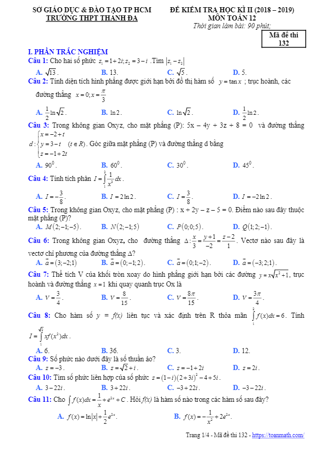 Đề thi học kì 2 (HK2) lớp 12 môn Toán năm 2018 2019 trường THPT Thanh Đa TP HCM