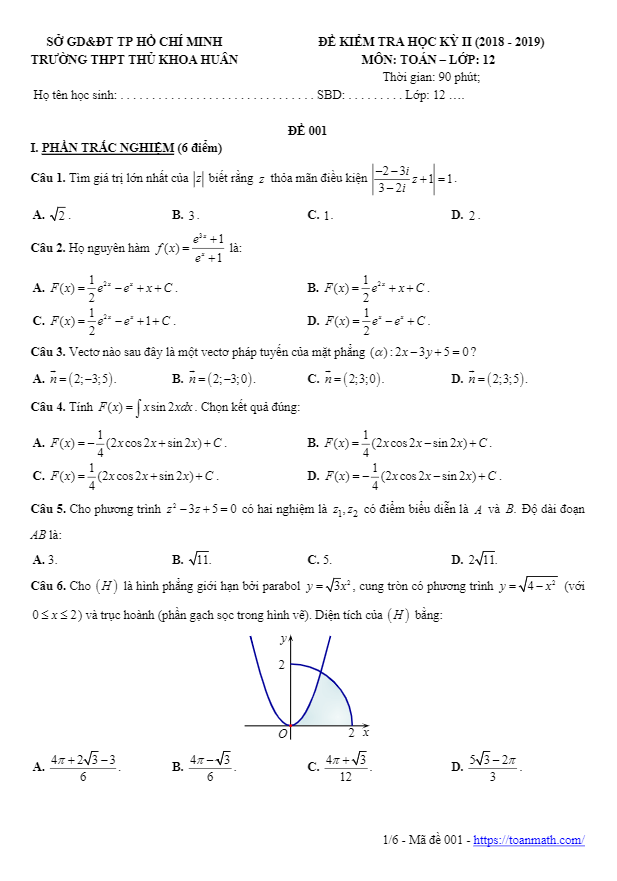 Đề thi học kì 2 (HK2) lớp 12 môn Toán năm 2018 2019 trường THPT Thủ Khoa Huân TP HCM