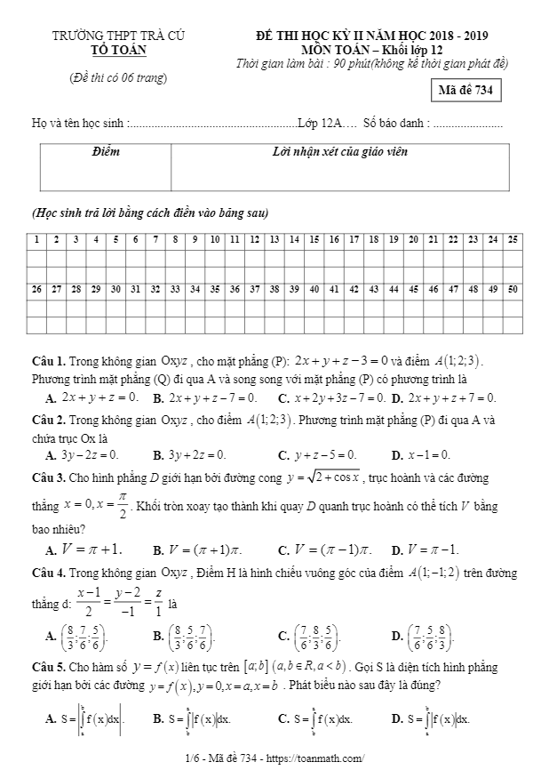 Đề thi học kì 2 (HK2) lớp 12 môn Toán năm 2018 2019 trường THPT Trà Cú Trà Vinh