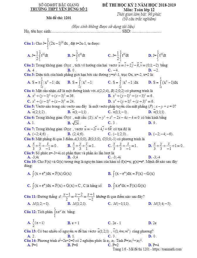 Đề thi học kì 2 (HK2) lớp 12 môn Toán năm 2018 2019 trường Yên Dũng 2 Bắc Giang