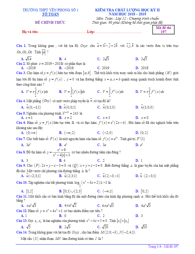 Đề thi học kì 2 (HK2) lớp 12 môn Toán năm 2018 2019 trường Yên Phong 1 Bắc Ninh