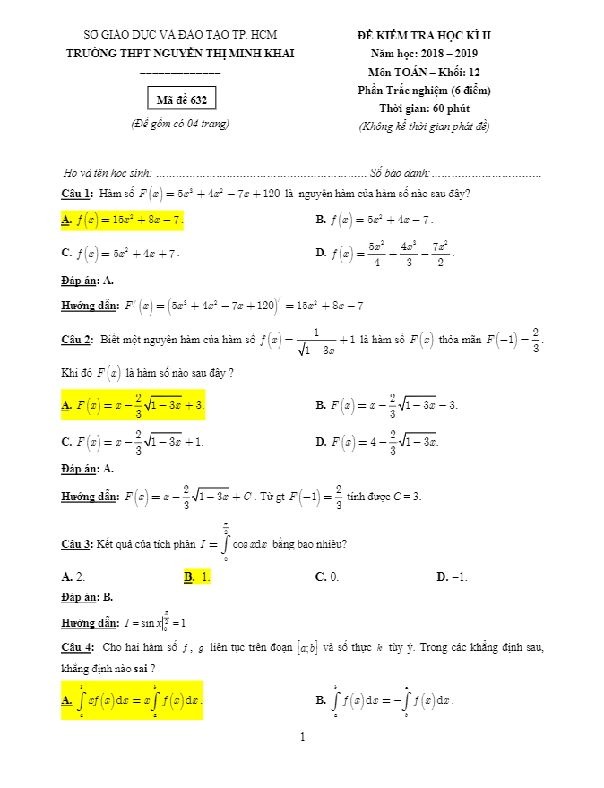 Đề thi học kì 2 (HK2) lớp 12 môn Toán năm 2018 – 2019 trường Nguyễn Thị Minh Khai – TP HCM