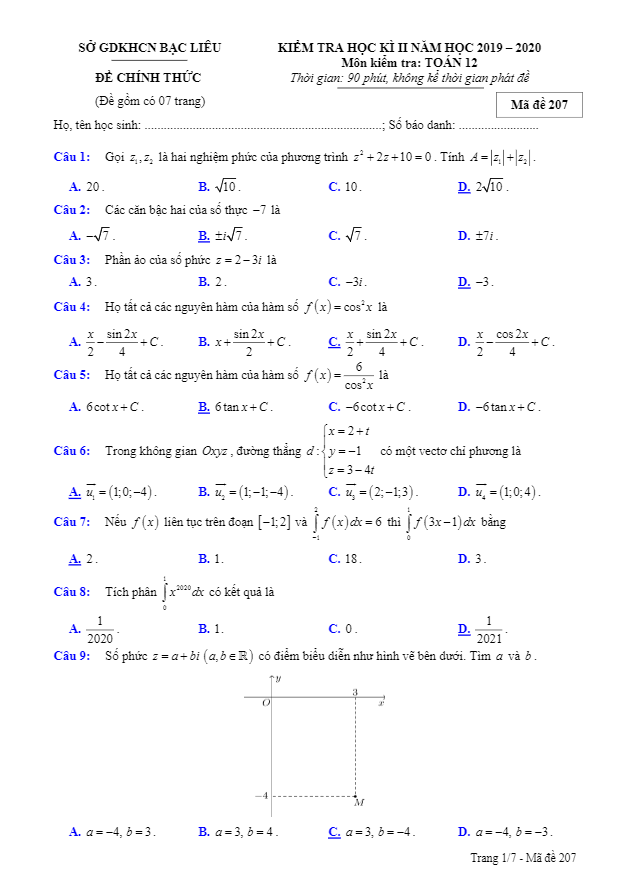 Đề thi học kì 2 (HK2) lớp 12 môn Toán năm 2019 2020 sở GDKHCN Bạc Liêu
