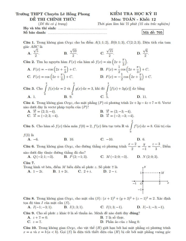Đề thi học kì 2 (HK2) lớp 12 môn Toán năm 2019 2020 trường chuyên Lê Hồng Phong TP HCM