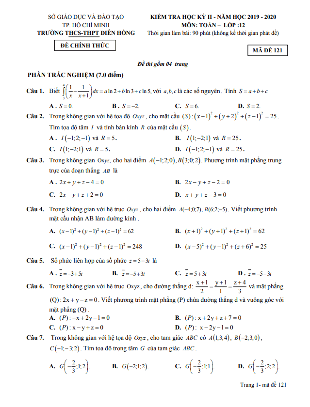 Đề thi học kì 2 (HK2) lớp 12 môn Toán năm 2019 2020 trường Diên Hồng TP HCM