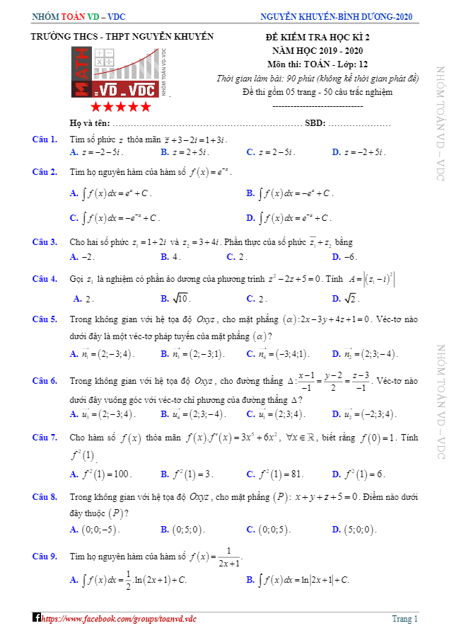 Đề thi học kì 2 (HK2) lớp 12 môn Toán năm 2019 2020 trường Nguyễn Khuyến Bình Dương