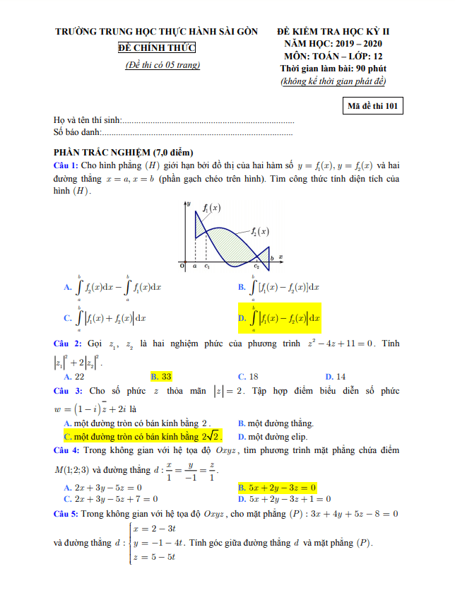 Đề thi học kì 2 (HK2) lớp 12 môn Toán năm 2019 2020 trường TH Thực hành Sài Gòn TP HCM