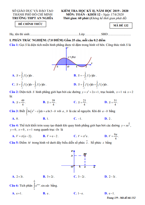 Đề thi học kì 2 (HK2) lớp 12 môn Toán năm 2019 2020 trường THPT An Nghĩa TP HCM