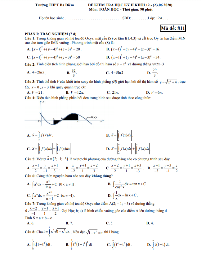 Đề thi học kì 2 (HK2) lớp 12 môn Toán năm 2019 2020 trường THPT Bà Điểm TP HCM