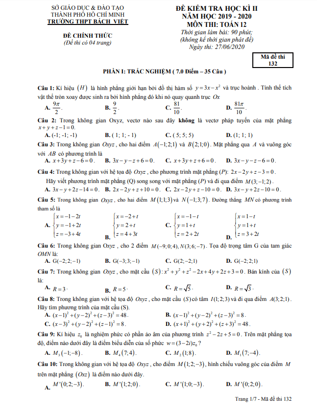 Đề thi học kì 2 (HK2) lớp 12 môn Toán năm 2019 2020 trường THPT Bách Việt TP HCM