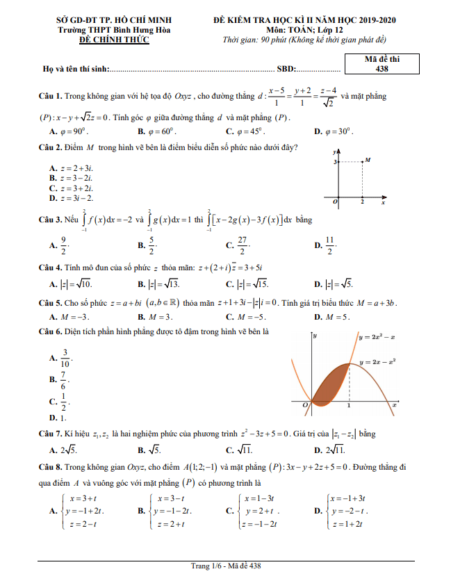 Đề thi học kì 2 (HK2) lớp 12 môn Toán năm 2019 2020 trường THPT Bình Hưng Hòa TP HCM
