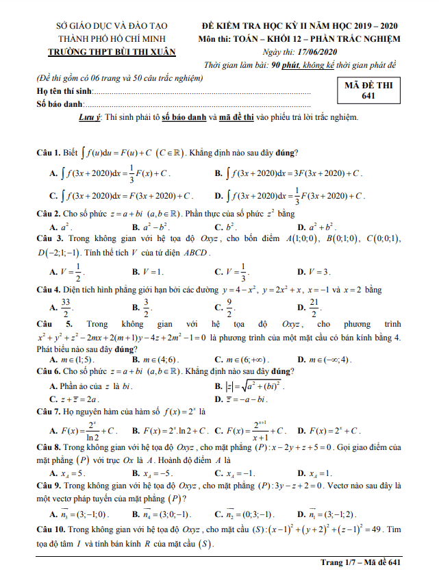 Đề thi học kì 2 (HK2) lớp 12 môn Toán năm 2019 2020 trường THPT Bùi Thị Xuân TP HCM