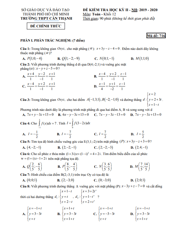 Đề thi học kì 2 (HK2) lớp 12 môn Toán năm 2019 2020 trường THPT Cần Thạnh TP HCM