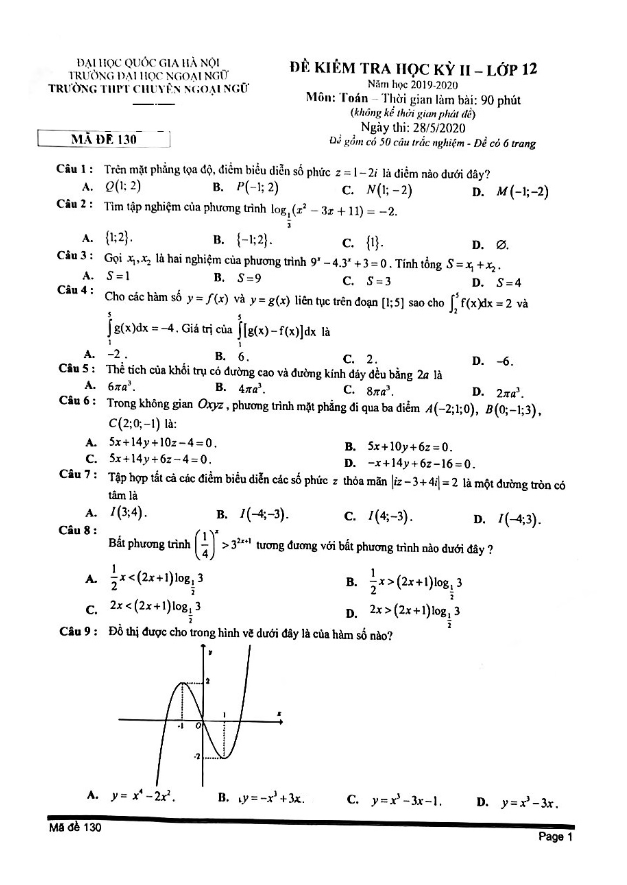Đề thi học kì 2 (HK2) lớp 12 môn Toán năm 2019 2020 trường THPT chuyên Ngoại Ngữ Hà Nội