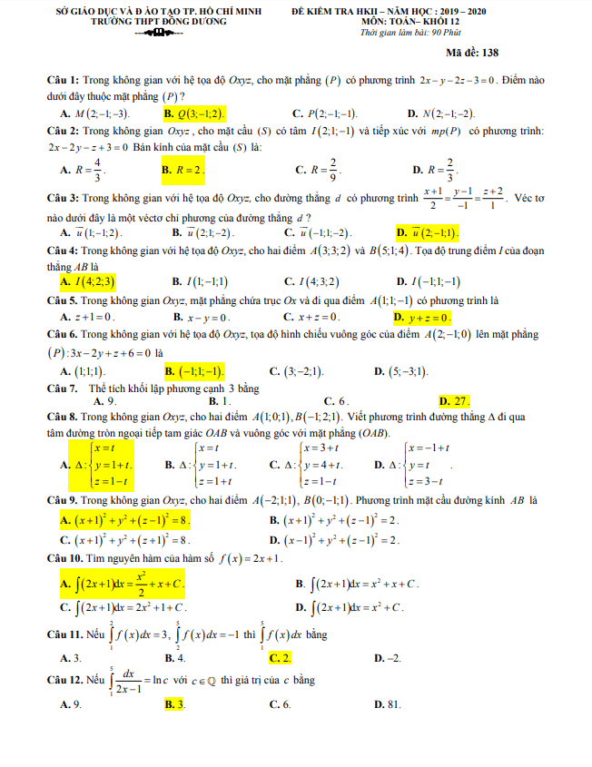 Đề thi học kì 2 (HK2) lớp 12 môn Toán năm 2019 2020 trường THPT Đông Dương TP HCM