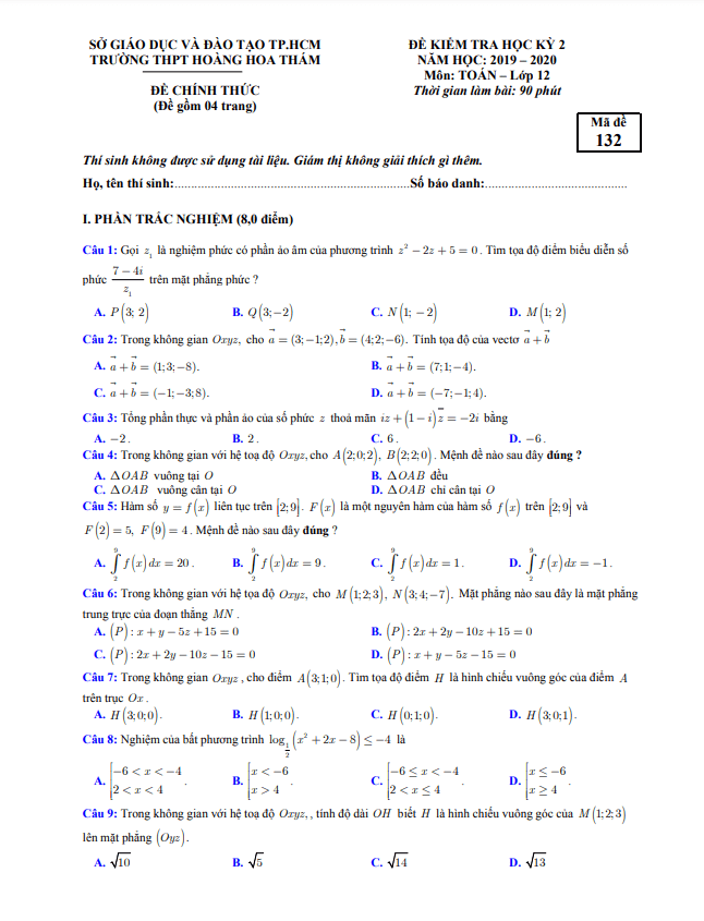 Đề thi học kì 2 (HK2) lớp 12 môn Toán năm 2019 2020 trường THPT Hoàng Hoa Thám TP HCM