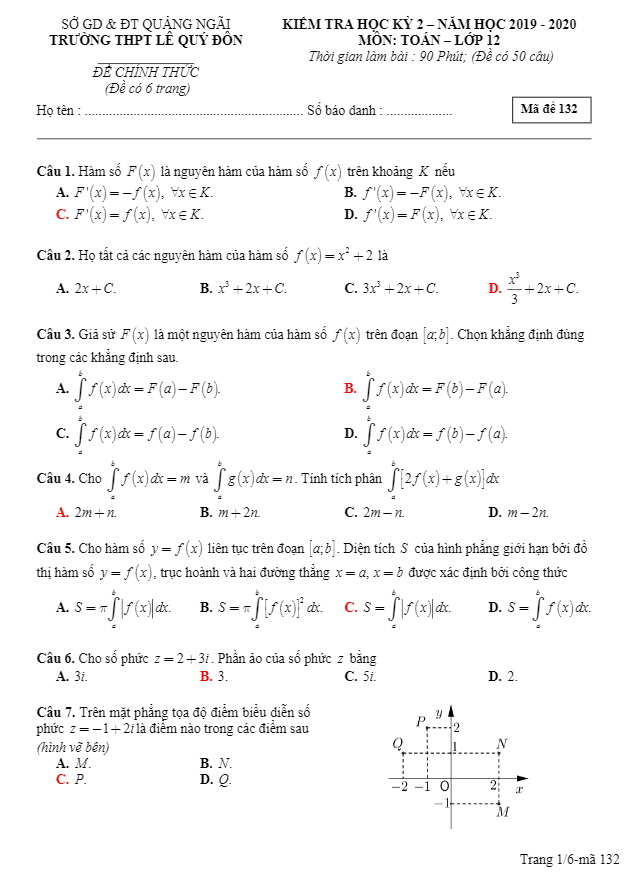 Đề thi học kì 2 (HK2) lớp 12 môn Toán năm 2019 2020 trường THPT Lê Quý Đôn Quảng Ngãi