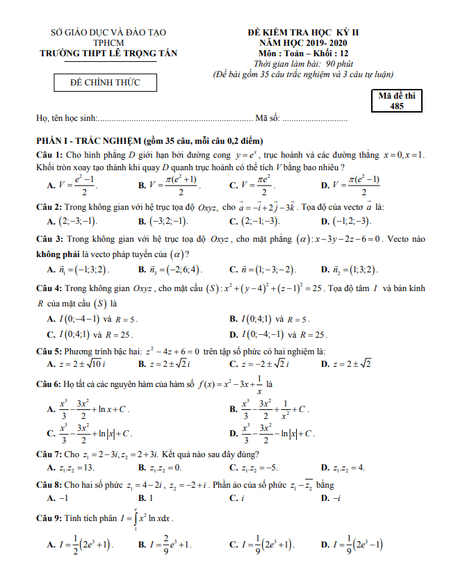 Đề thi học kì 2 (HK2) lớp 12 môn Toán năm 2019 2020 trường THPT Lê Trọng Tấn TP HCM