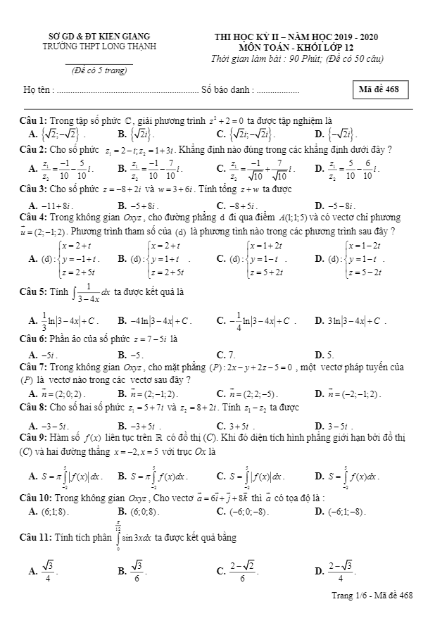 Đề thi học kì 2 (HK2) lớp 12 môn Toán năm 2019 2020 trường THPT Long Thạnh Kiên Giang