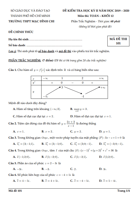 Đề thi học kì 2 (HK2) lớp 12 môn Toán năm 2019 2020 trường THPT Mạc Đĩnh Chi TP HCM
